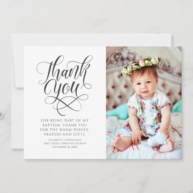 Classic Calligraphy Photo Baptism Thank You Card (Front)