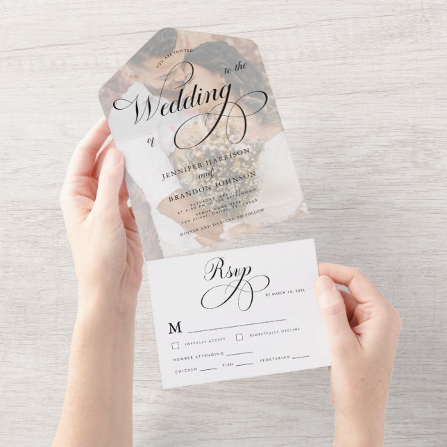 Classic Calligraphy & Photo Classy Elegant Wedding All In One Invitation (Tearaway)