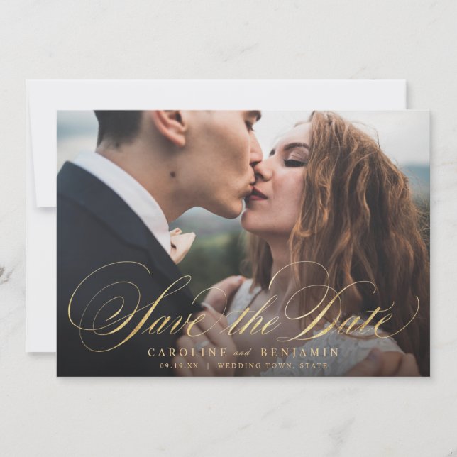 Classic calligraphy photo wedding save the date (Front)