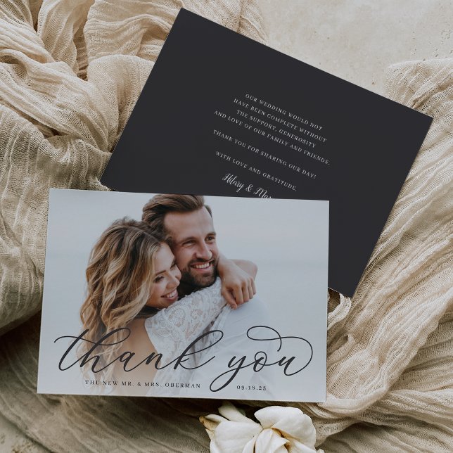 Classic Calligraphy Script Wedding Photo Flat Thank You Card (Creator Uploaded)