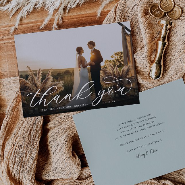 Classic Calligraphy Script Wedding Photo Flat Thank You Card (Creator Uploaded)