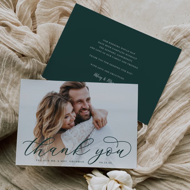 Classic Calligraphy Script Wedding Photo Flat Thank You Card (Creator Uploaded)