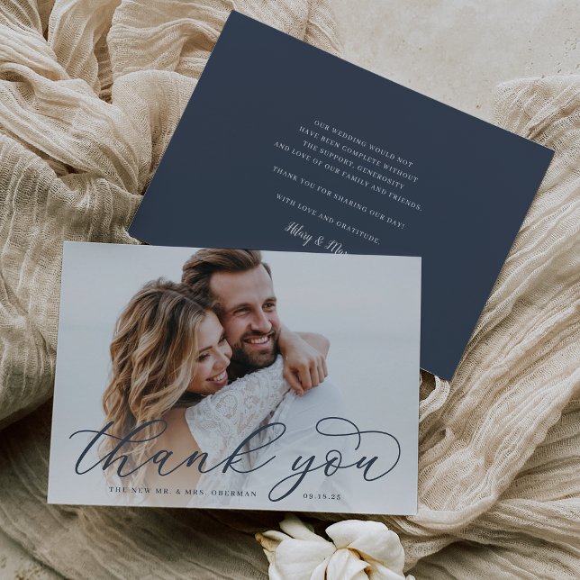 Classic Calligraphy Script Wedding Photo Flat Thank You Card (Creator Uploaded)
