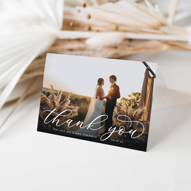 Classic Calligraphy Script Wedding Photo Folded Thank You Card (Creator Uploaded)