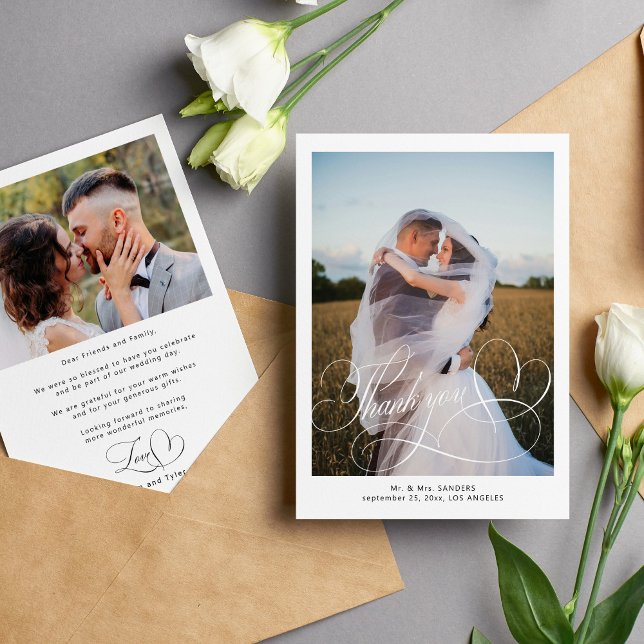 Classic calligraphy script wedding photo thank you card (Creator Uploaded)