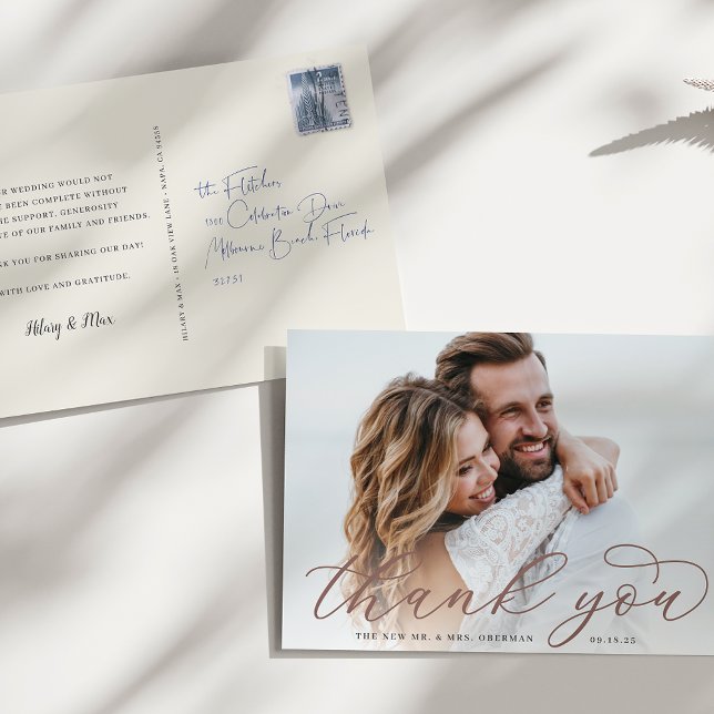 Classic Calligraphy Script Wedding Photo Thank You Postcard (Creator Uploaded)