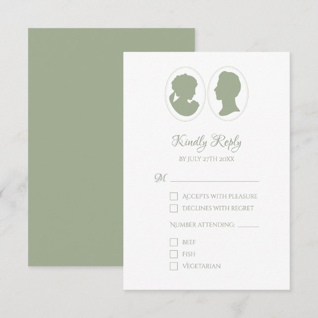 Classic Cameo Regency Green Wedding RSVP Card (Front/Back)