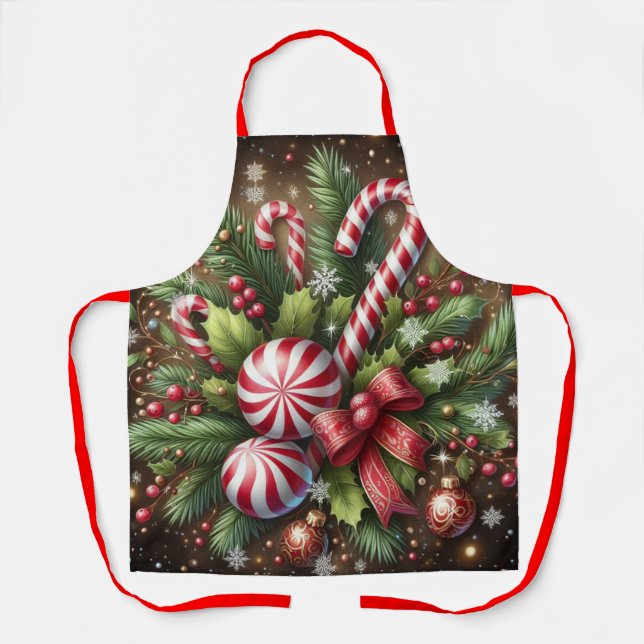 Classic Candy cane/peppermint Christmas greenery Apron (Front)