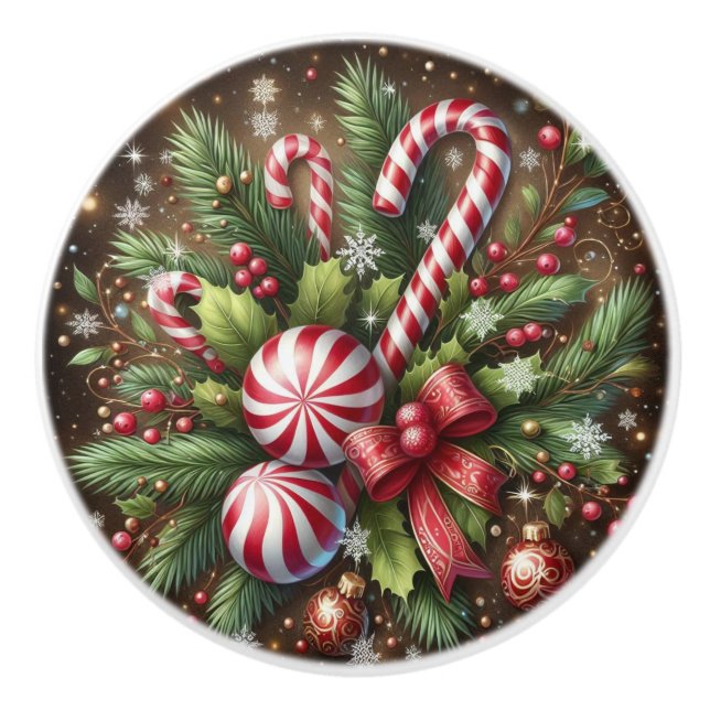 Classic Candy cane/peppermint Christmas greenery Ceramic Knob (Front)