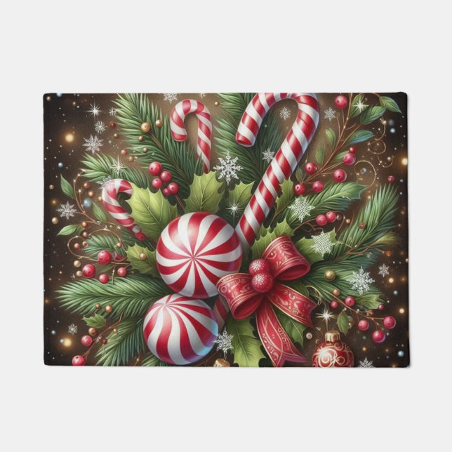 Classic Candy cane/peppermint Christmas greenery Doormat (Front)