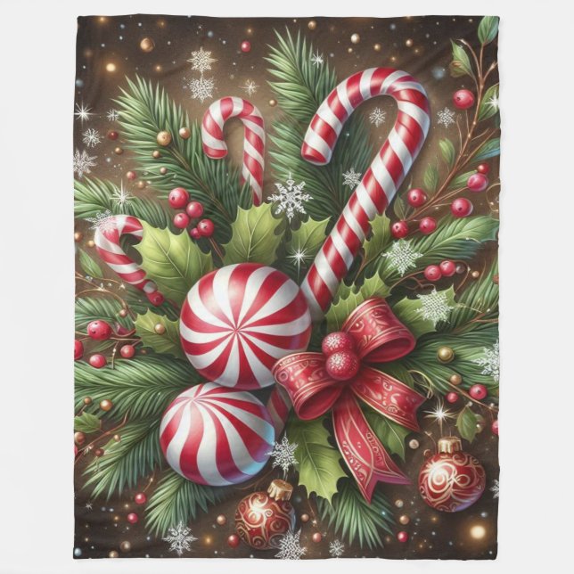Classic Candy cane/peppermint Christmas greenery Fleece Blanket (Front)