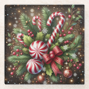 Classic Candy cane/peppermint Christmas greenery Glass Coaster