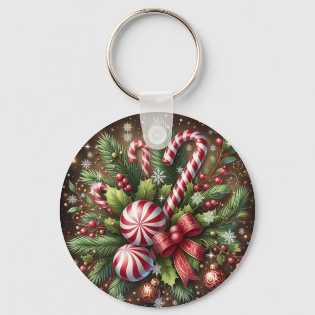 Classic Candy cane/peppermint Christmas greenery Key Ring (Front)