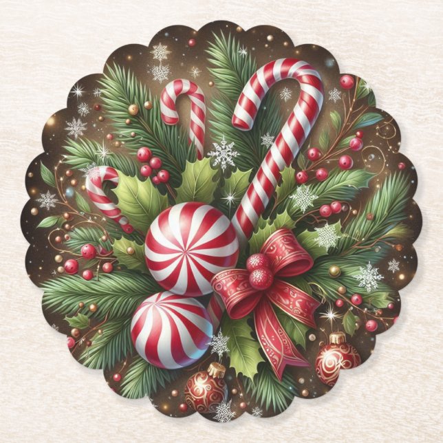 Classic Candy cane/peppermint Christmas greenery Paper Coaster (Front)