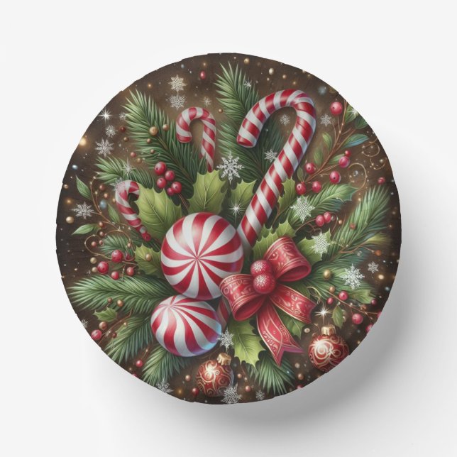 Classic Candy cane/peppermint Christmas greenery Paper Plate (Front)