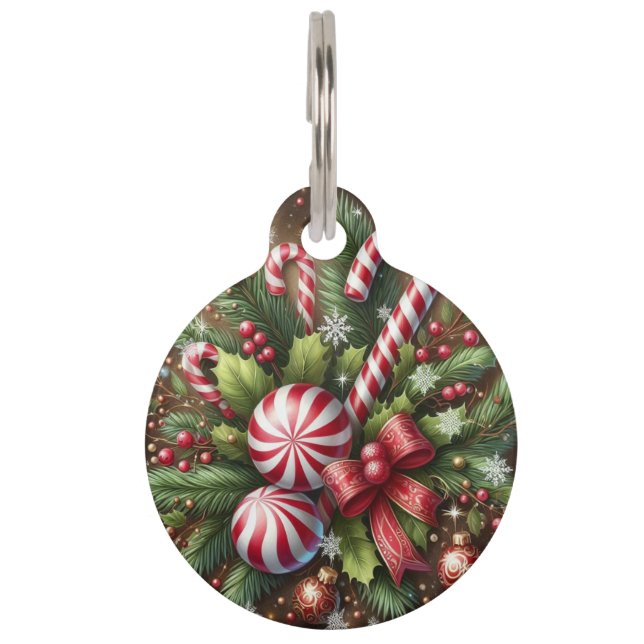 Classic Candy cane/peppermint Christmas greenery Pet Tag (Front)