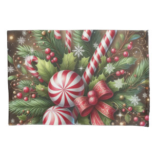 Classic Candy cane/peppermint Christmas greenery Pillowcase