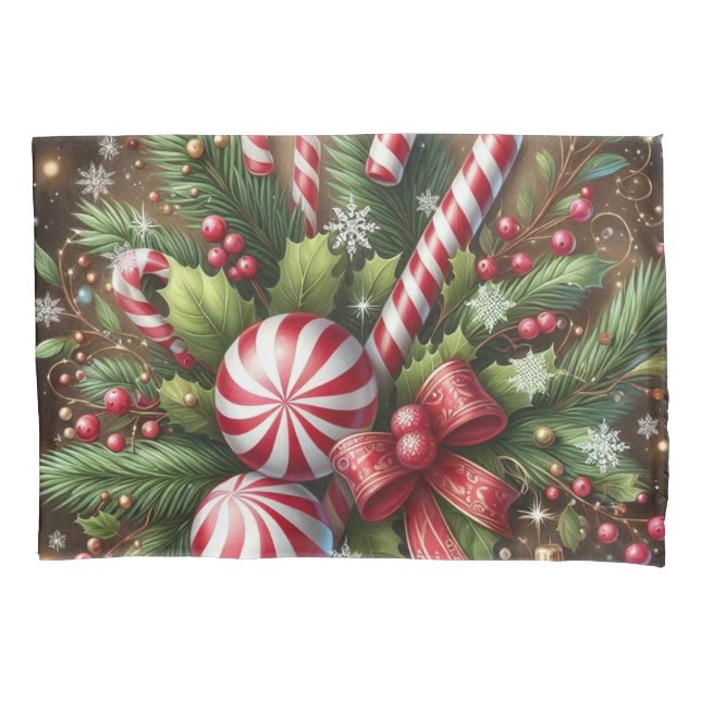 Classic Candy cane/peppermint Christmas greenery Pillowcase (Front)