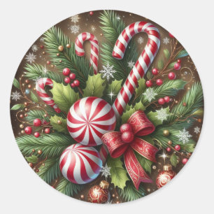 Classic Candy cane/peppermint Christmas greenery Round Sticker