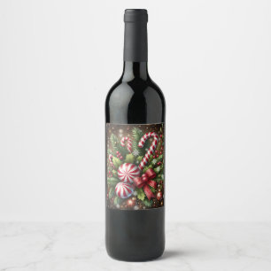 Classic Candy cane/peppermint Christmas greenery Wine Label