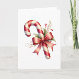 Classic Candy Cane with Red Satin Bow and Greenery Card