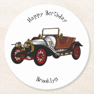 Classic car 1920 cartoon illustration round paper coaster