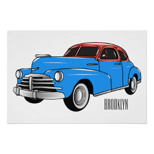 Classic car 1948 cartoon illustration poster