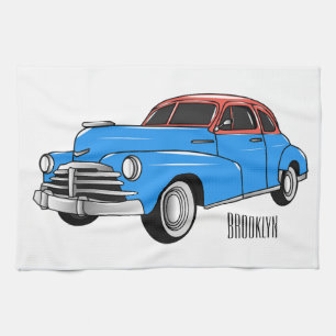 Classic car 1948 cartoon illustration tea towel