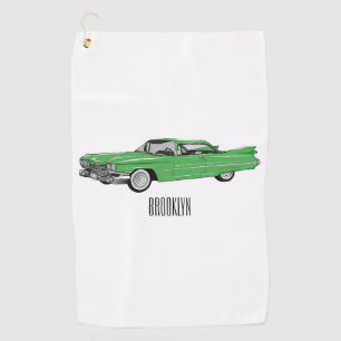 Classic car 1959 cartoon illustration golf towel