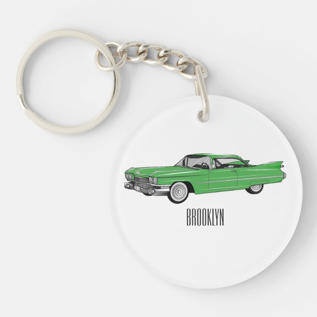 Classic car 1959 cartoon illustration key ring (Front)