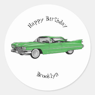 Classic car 1959 cartoon illustration round sticker