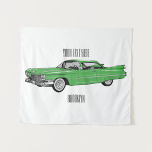 Classic car 1959 cartoon illustration tapestry