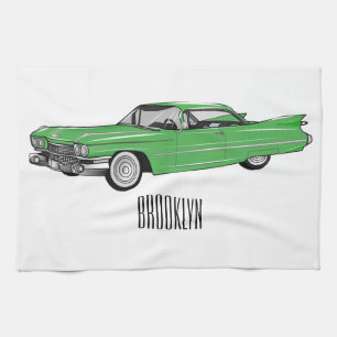 Classic car 1959 cartoon illustration tea towel