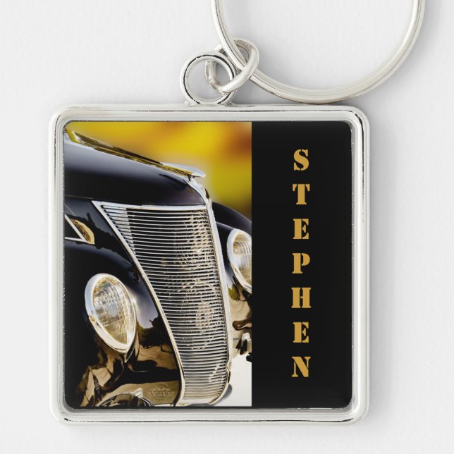 Classic Car Black Tie and Tails with Name Key Ring (Front)