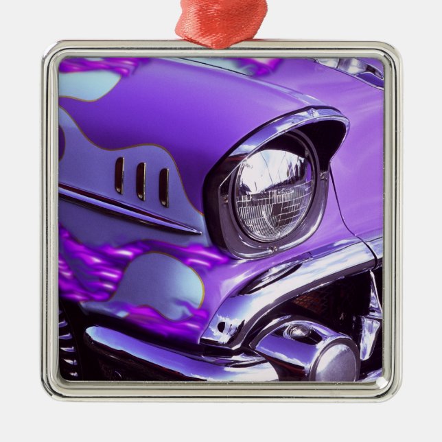 Classic car: Chevrolet with flaming hood Metal Tree Decoration (Front)