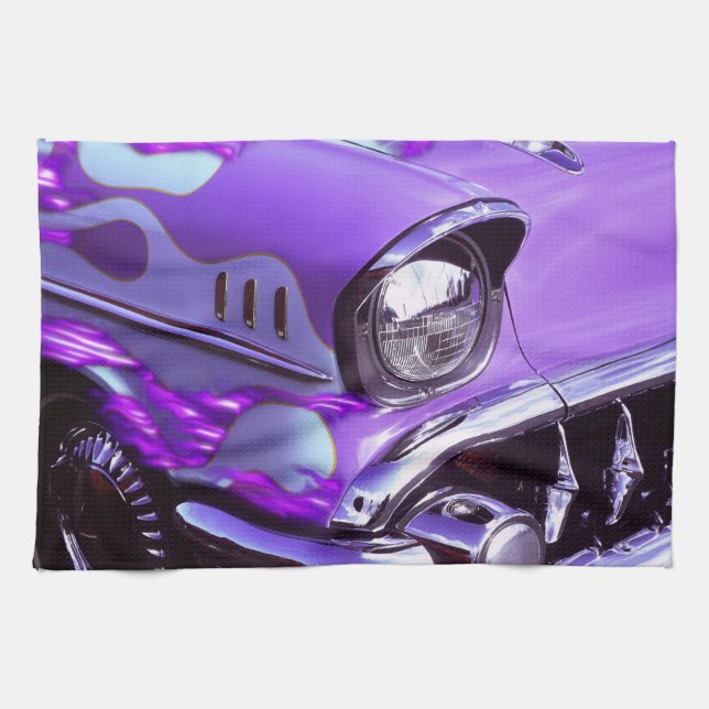 Classic car: Chevrolet with flaming hood Tea Towel (Horizontal)