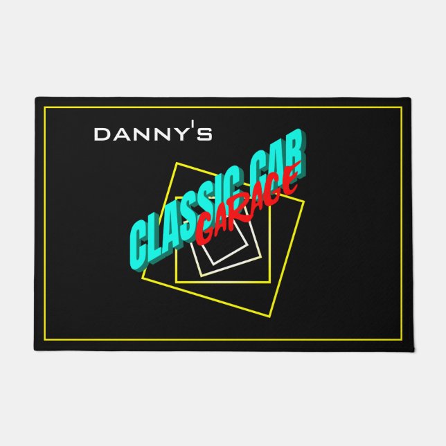 Classic Car Garage Any Name Squares Black Doormat (Front)