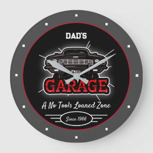 Classic Car Garage Dad's Any Name Red Black Grey Large Clock
