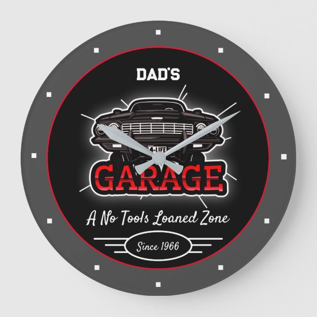 Classic Car Garage Dad's Any Name Red Black Grey Large Clock (Front)