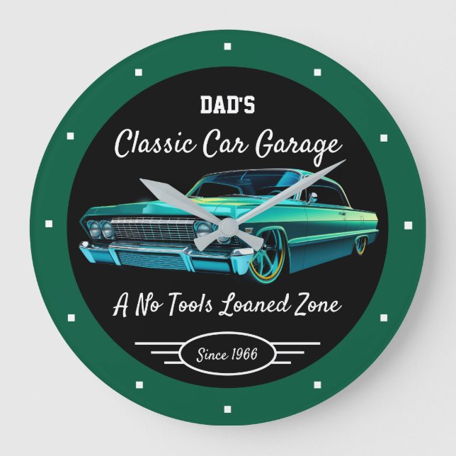 Classic Car Garage Dad's or Anyone's Name Green   Large Clock (Front)
