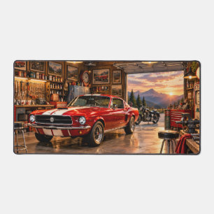 Classic Car Garage Sunset Desk Mat