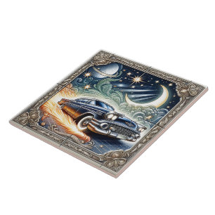 Classic Car Journeys Through Cosmic Night Ceramic Tile