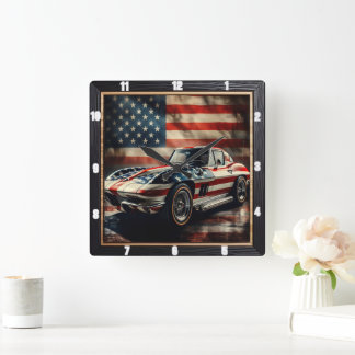 Classic Car Patriotic Square Wall Clock