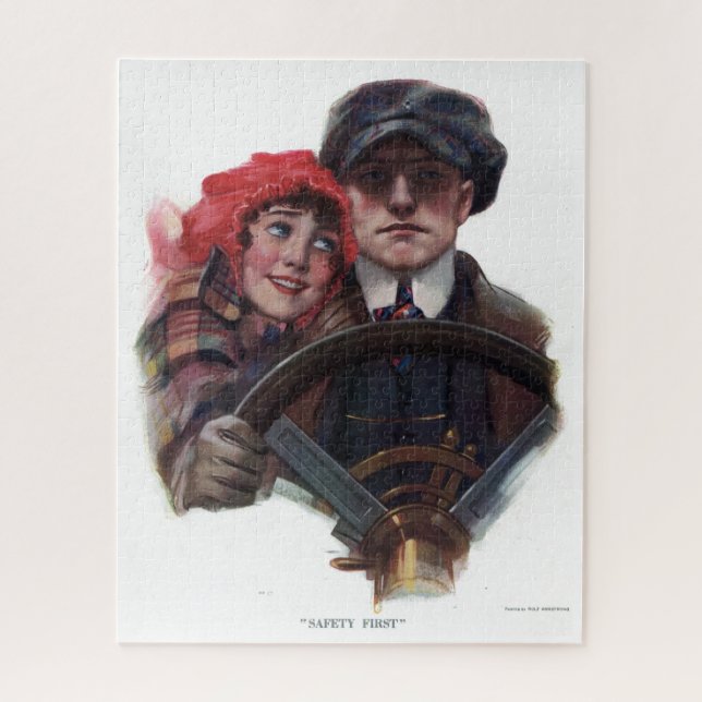 Classic car romantic vintage winter illustration jigsaw puzzle (Vertical)