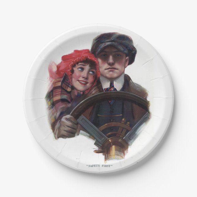 Classic car romantic winter vintage illustration paper plate (Front)