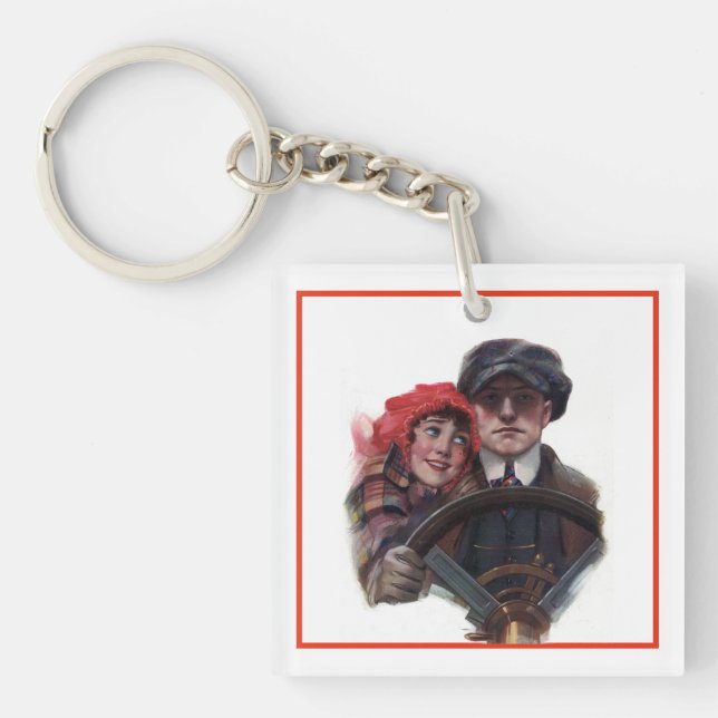 Classic car vintage romantic winter illustration key ring (Front)