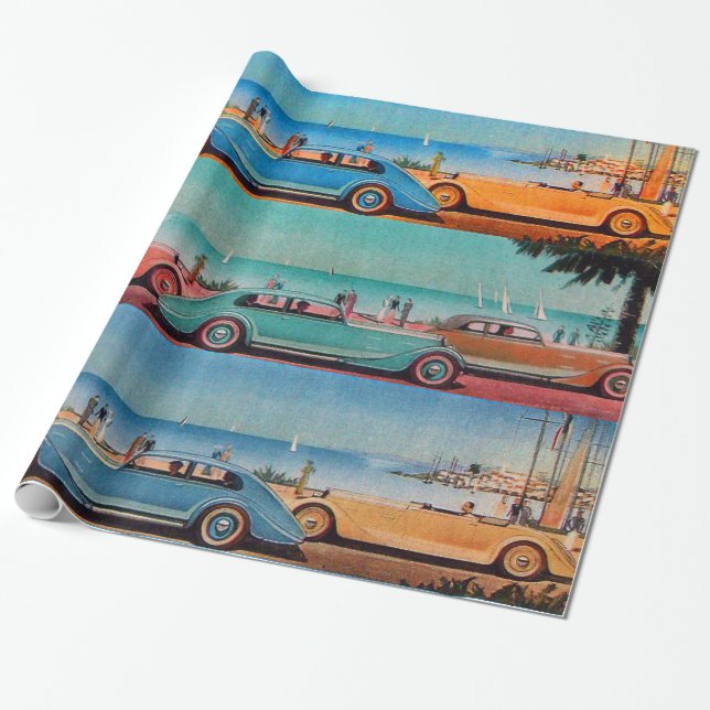 CLASSIC CARS ON THE SEASIDE ROAD WRAPPING PAPER (Unrolled)