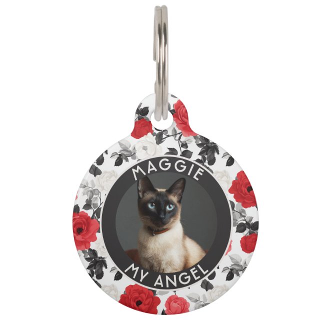 Classic Cat Lover Present Rose Flower Pet Tag (Front)
