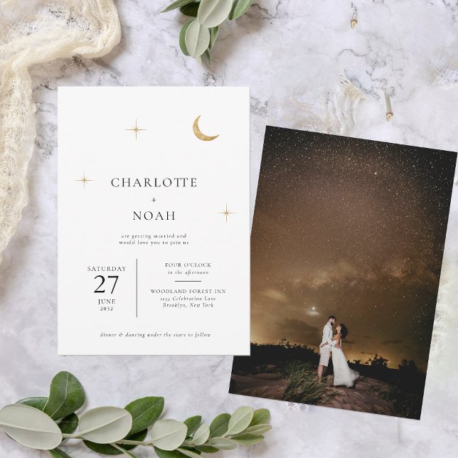 Classic Celestial Gold Moon Stars Photo Wedding Invitation (Creator Uploaded)
