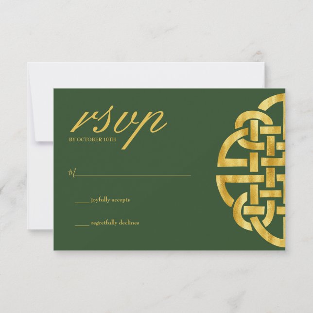 Classic Celtic Knot Green & Gold Handfasting RSVP Card (Front)